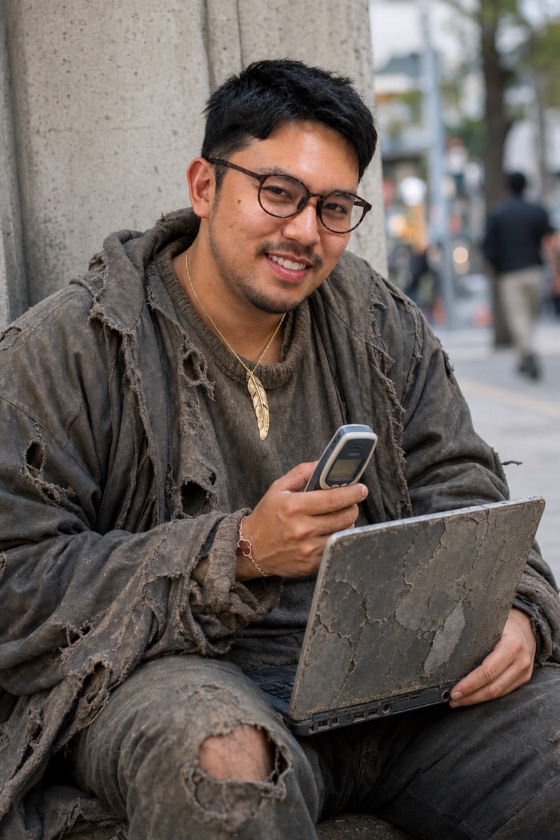 Shinya Nagahama — smiling on the street with a battered laptop and old Nokia phone